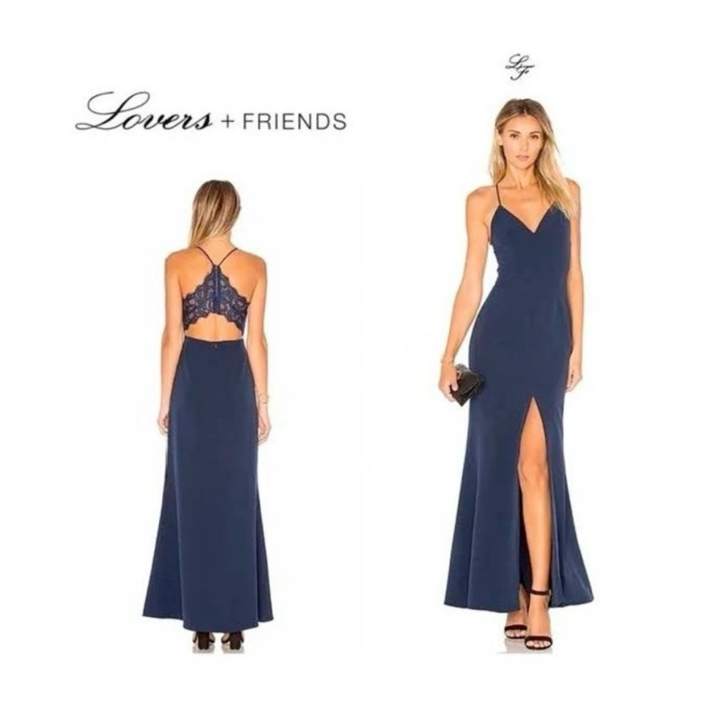 Lovers + Friends Helena Evening Gown Dress Blue Thigh Slit - Size 2 NWT